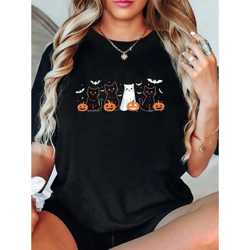 Retro Black Cats Ghost Halloween Pumpkin Costume Lover-Shirt Summer Tops. Short Sleeve Round Neck Casual Top Summer &Amp;...