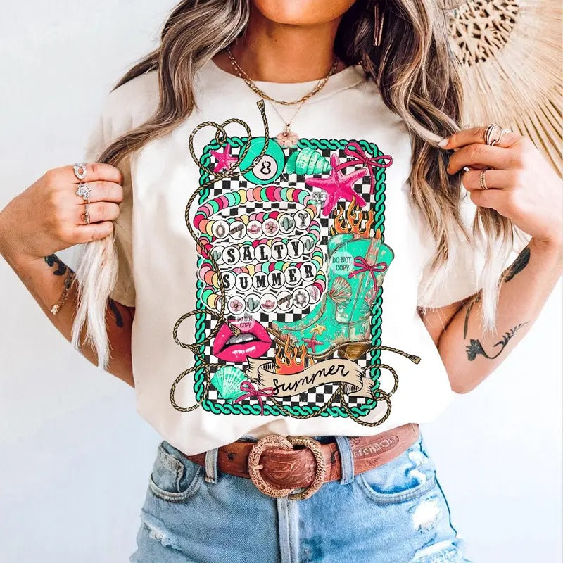 Retro Boho Checkered Salty Summer Bracelet Shirt, Coastal Cowgirl Western Beach Aesthetic Tee, Checkered Rodeo Turquoise...