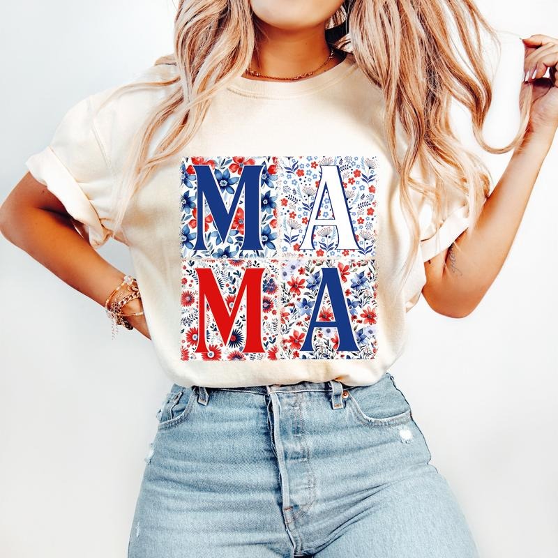 Retro Boho Mama T-Shirt, 4th of July T-Shirt, Fourth of July T-Shirt, Floral Mama T-Shirt, USA America Freedom Hoodie,...