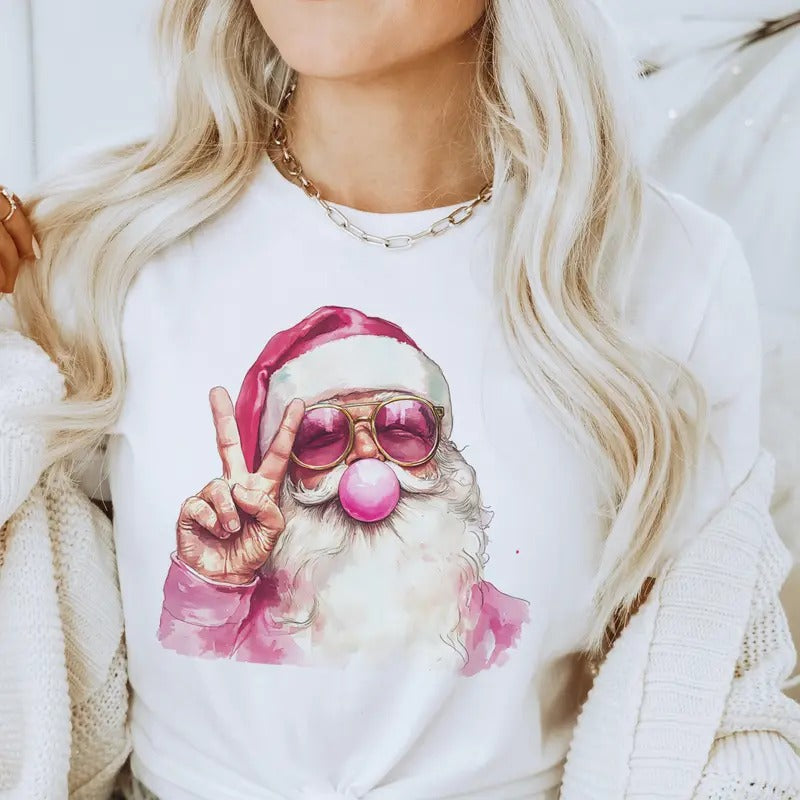 Retro Bubblegum Santa Peace Tee Christmas Santa Bubblegum Tshirt Funny Sunglass Santa Clause T-Shirt Christmas Bubblegum...