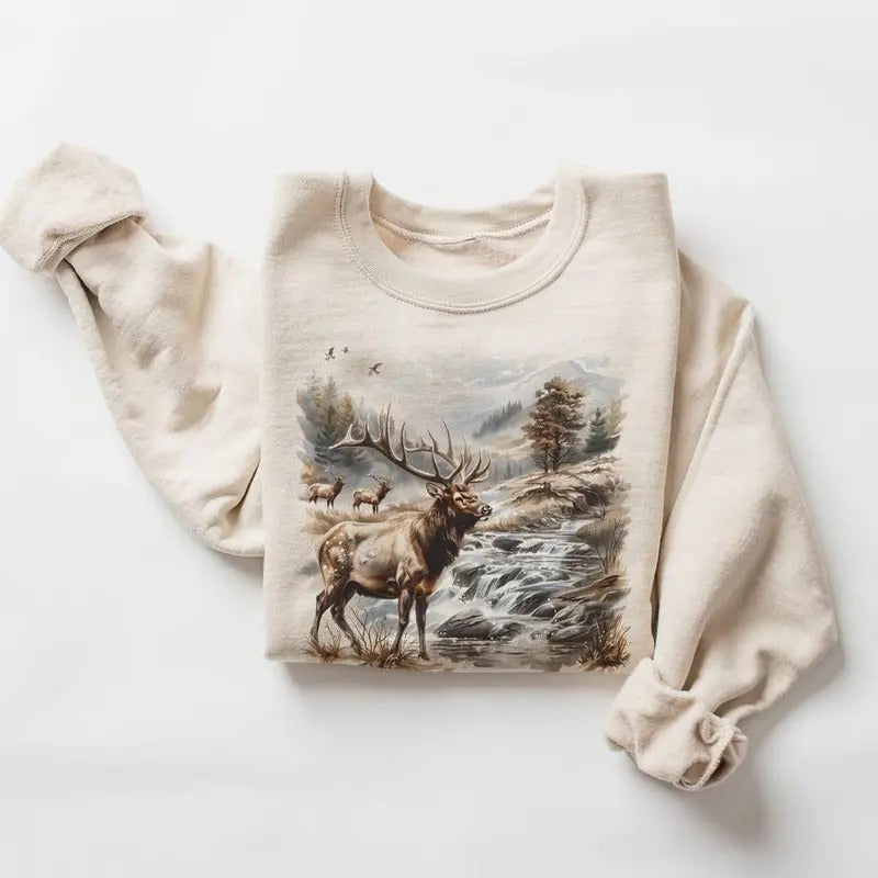 Retro Bull Elk Wilderness Scene Nineties Vintage Elk Nature Boho Cotton Womenswear Day T-Shirts, Hoodie, Sweatshirt