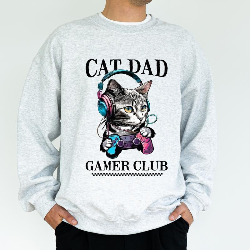 Retro Cat Dad Gamer Club Sweatshirt, Cool Cat Crewneck, Gamer Boyfriend Long Sleeved Pullover For Him, Gift for Him,...