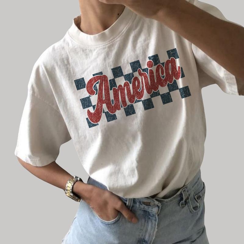 Retro Checkered America Shirt, Vintage America Shirt For Women, 4th Of July Tee, Checkered America Tee, American...