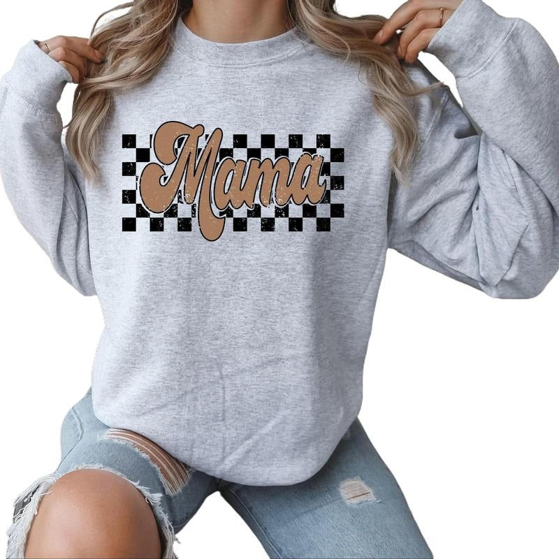 Retro Checkered Distressed Mama Crewneck Sweatshirt T-Shirts, Hoodie | HypeCrazeTee.com