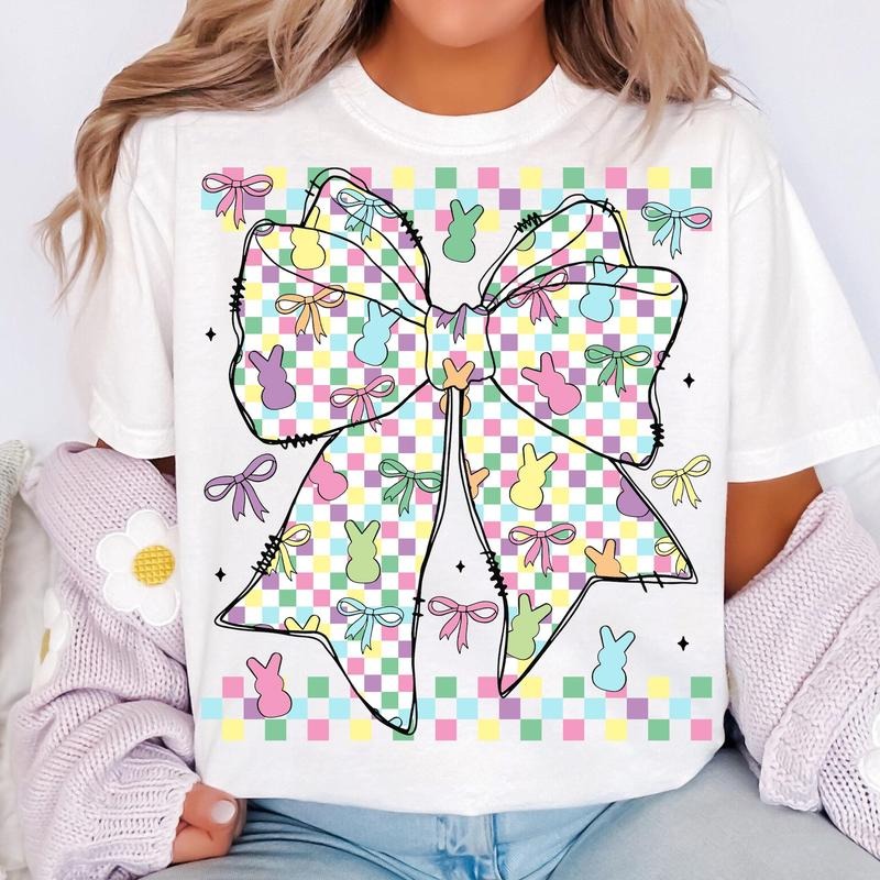 Retro Checkered Easter Coquette Bow T-Shirt, Easter Bow T-Shirt, Easter Bunny Shirt, Spring Shirt Hoodie, Sweatshirt