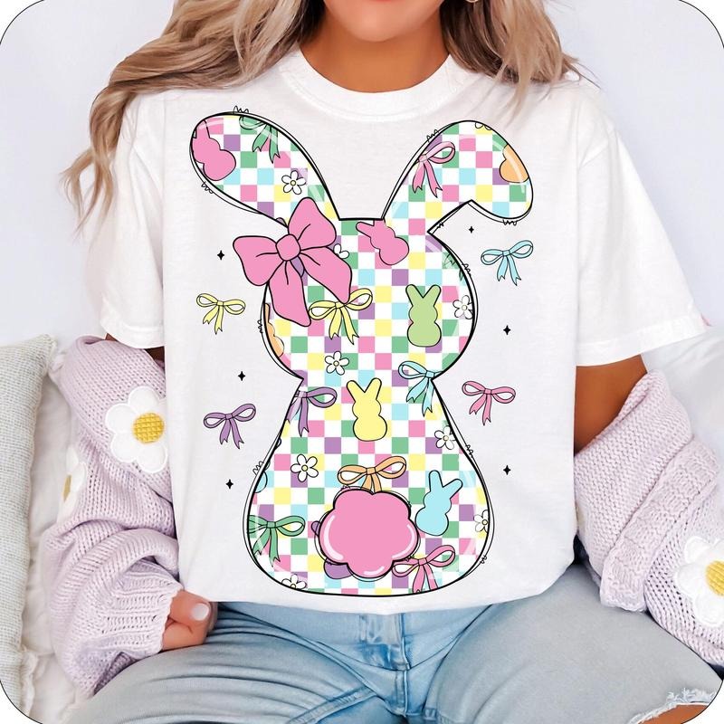 Retro Checkered Easter Coquette Bow T-Shirt, Easter T-Shirt, Easter Bunny T-Shirt, Easter shirt design, Bunny T-Shirt,...