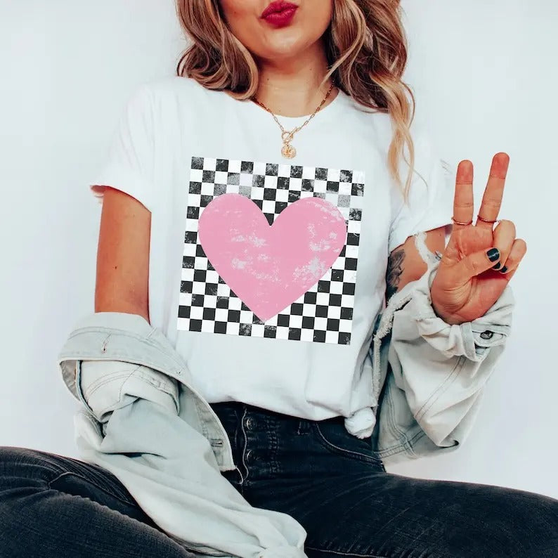 Retro Checkered Heart Shirt, Cute Teacher Valentine Tee, Women's Valentines Day T-Shirt, Love Valentine Shirt, Valentine...