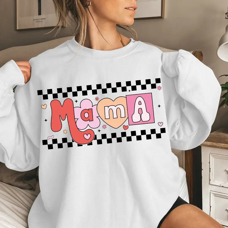 Retro Checkered Mama Sweatshirt, Mama Sweatshirt, Checkered Sweatshirt, Retro mama Sweatshirt, Gift For Mom T-Shirts, Hoodie