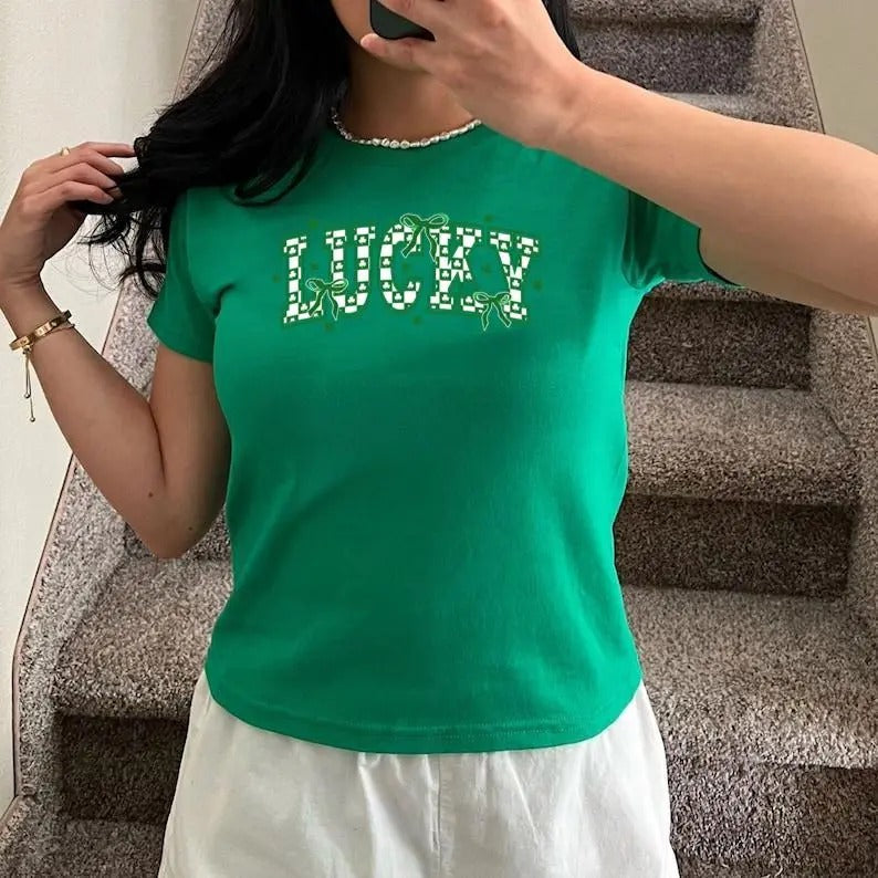 Retro Checkered St Patrick's Day Coquette Shirt, Lucky Shirt, St Patty's Day Varsity Shirt, Shamrock Shirt, St Patrick...