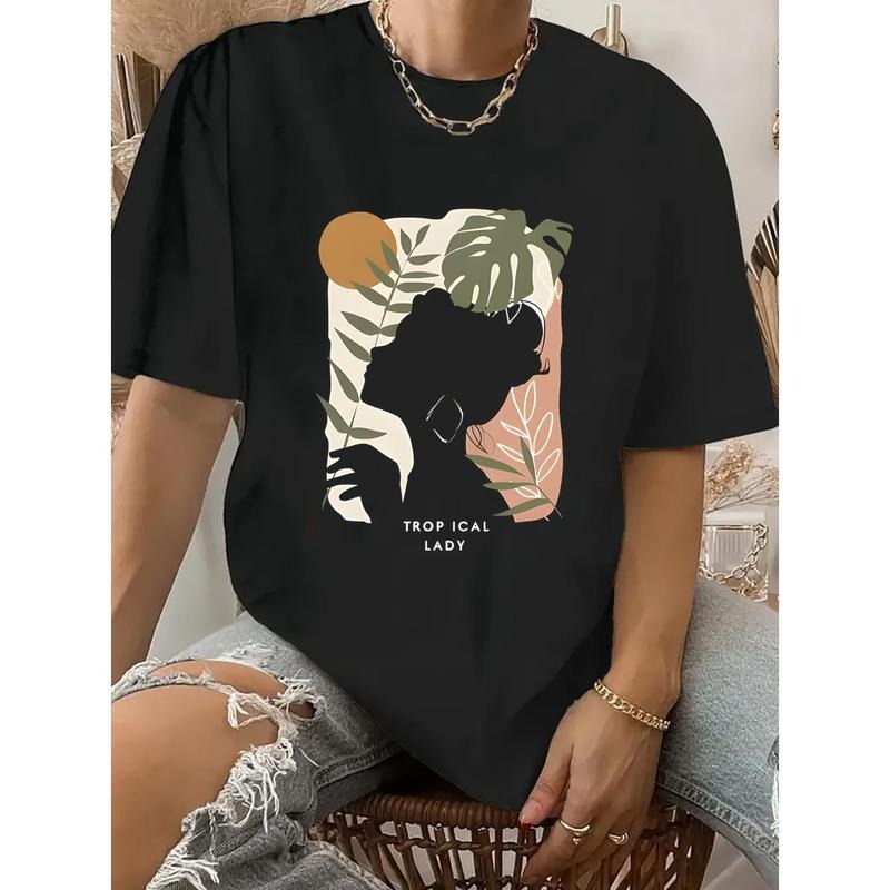 Retro Chic Women's Black T-Shirt with Tropical Leaf & Geometric Print - Casual Round Neck, Short Sleeve Top, 100% Cotton,...