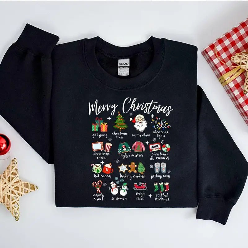 Retro Christmas Sweatshirt for Women and Men, Loose Fit Holiday Sweater with Cute Christmas Doodles - Pullover, Fabric...