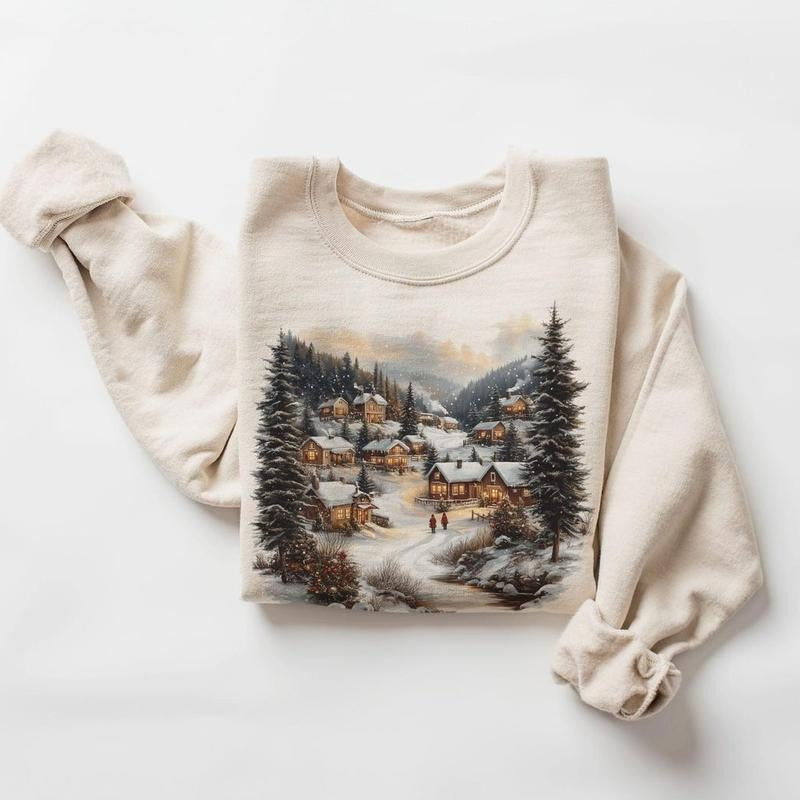 Retro Winter Village Nineties 90s Mountain Pine Trees Decorated Cabins Cotton Menswear Day T-Shirts, Hoodie, Sweatshirt
