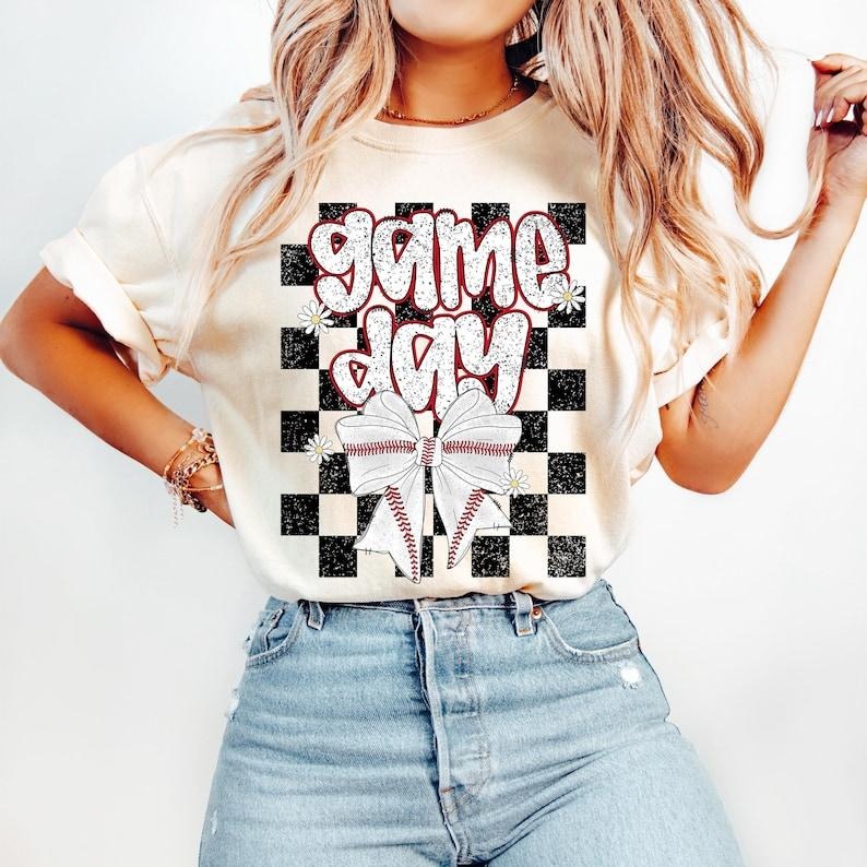 Retro Coquette Game Day Mama Baseball Mom Checkered Baseball Bow Cotton T-Shirts, Hoodie, Sweatshirt