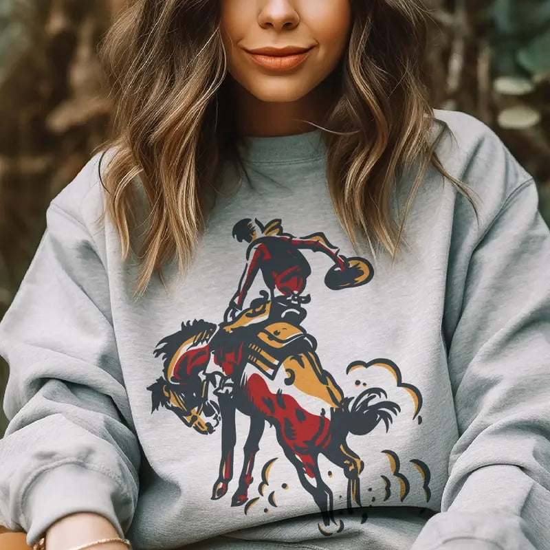 Retro Country Western Sweatshirt Vintage Cowboy Country Pullover Retro Western Cowgirl Hoodie Western Bucking Horse...