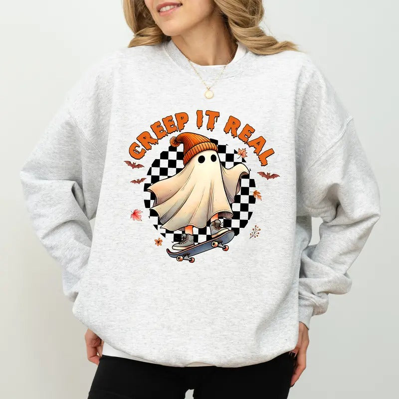 Retro Creep It Real Ghost Skateboarding Sweatshirt, Vintage Skateboarding Boo Crewneck, Funny Halloween Ghost Sweater,...