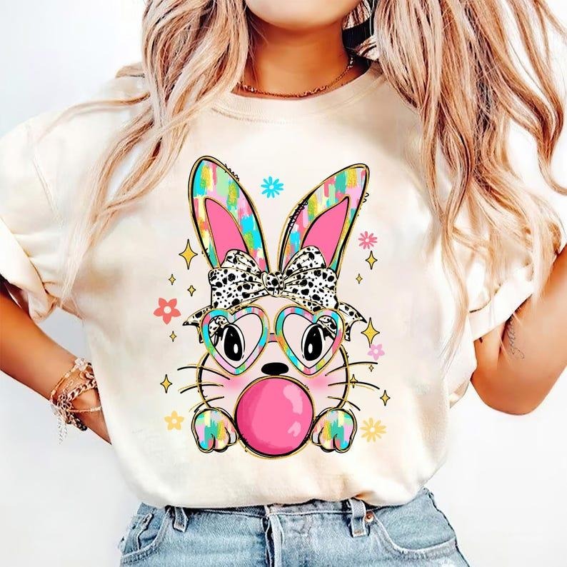 Retro Easter Bunny Coquette Rabbit Brushstroke Bunny Blowing Bubble Girl T-Shirts, Hoodie, Sweatshirt
