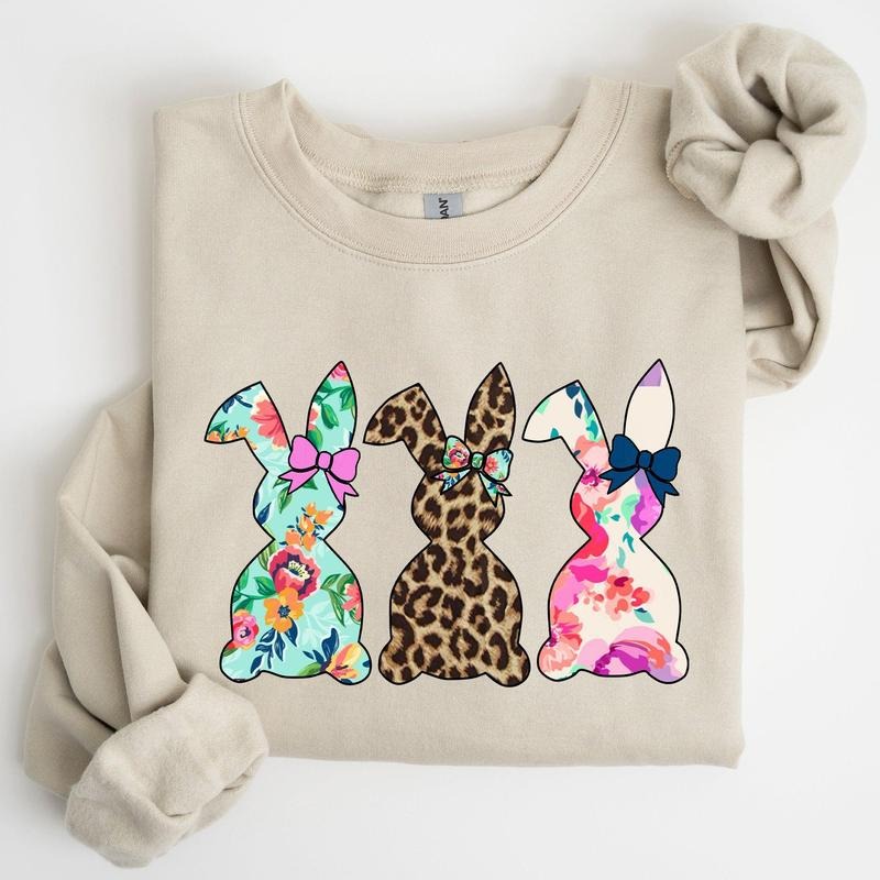 Retro Easter Rabbits, Floral, Leopard, Bunnies Sweatshirt, Women's Crew Neck, Crewneck T-Shirts, Hoodie | HypeCrazeTee.com