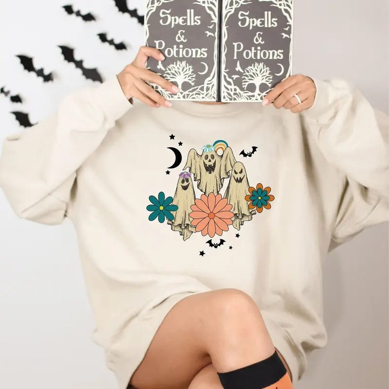Retro Floral Ghost Halloween Sweatshirt, Spooky Season Sweatshirt, Halloween Party Shirt, Pumpkin Sweatshirt, Halloween...