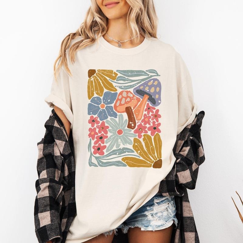 Retro Flowers, Mushrooms, Floral, Vintage, Comfort Colors T-Shirt, Women's Comfort Colors Tee Hoodie, Sweatshirt