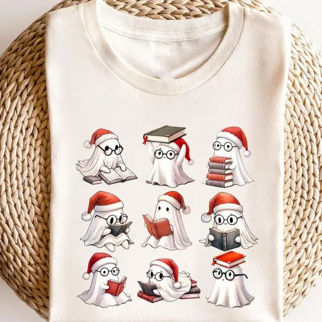 Retro Funny Cute Christmas Ghost Books Librarian Teacher Christmas Spooky Christmas Happy New Year Merry Christmas...