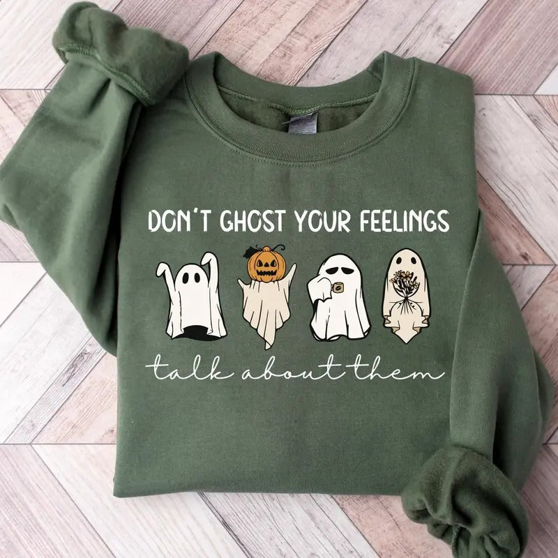 Retro Funny Don't Ghost Your Feelings Mental Health Awareness School Counselor Mental Health Halloween Graphic Shirt for...