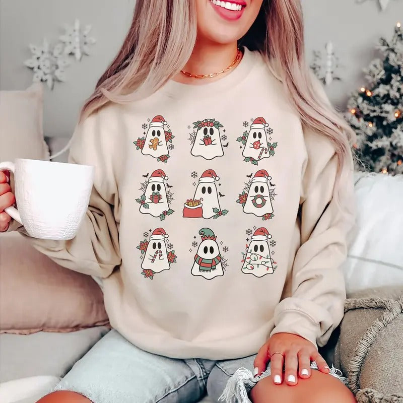 Retro Ghost Christmas Sweatshirt, Cute Ghost Christmas T-Shirt, Xmas Ghost Tee Shirt, Holiday Ghost Sweater, Gift For...