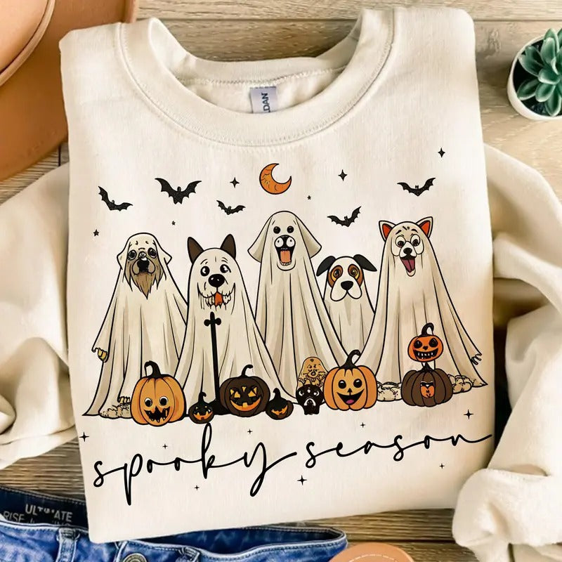 Retro Ghost Dog Shirt, Spooky Season Shirt, Halloween Ghost Dog Shirt, Halloween Pumpkin Dog Shirt, Dog Halloween Shirt,...