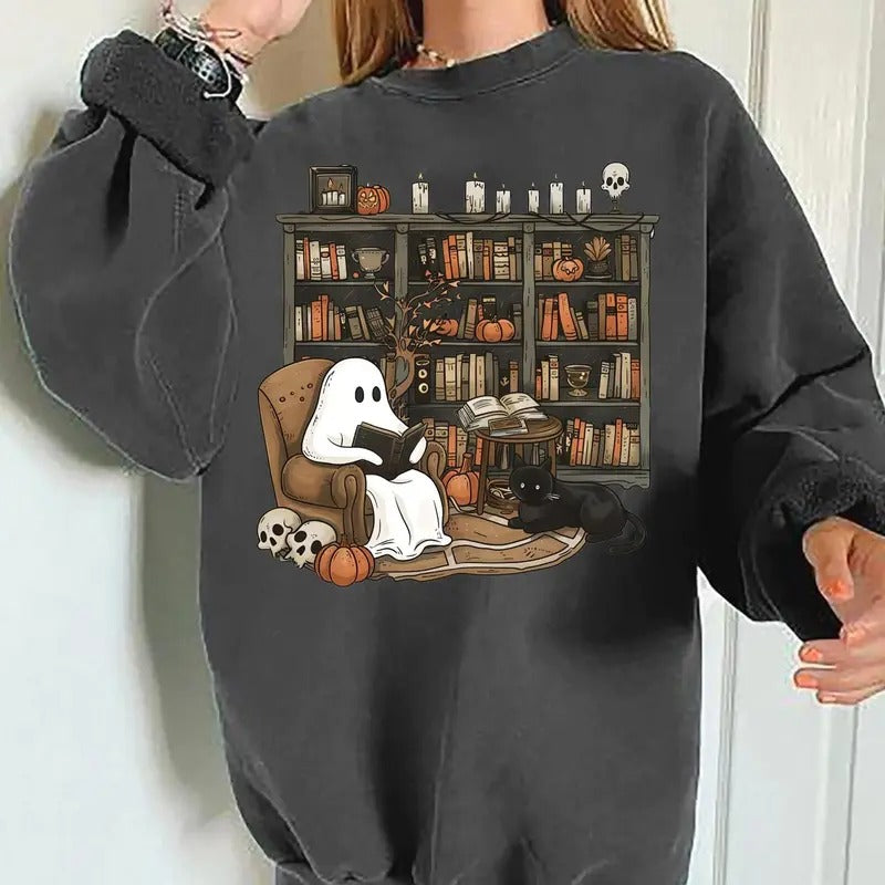 Retro Ghost Reading Books Shirt - Sweatshirt