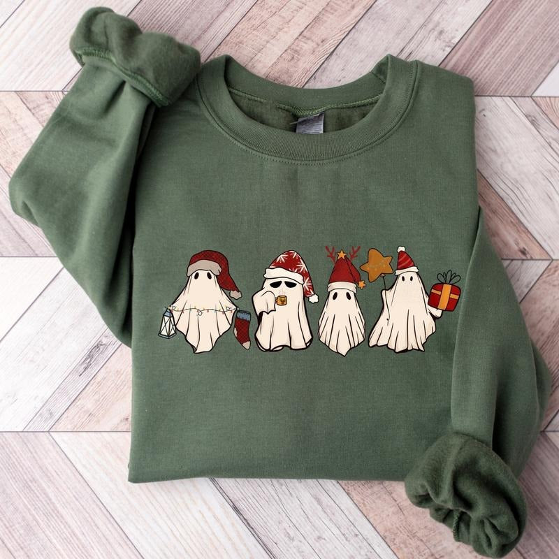 Retro Ghost Santa Sweatshirt, Christmas Ghosts Sweatshirt, Christmas Sweatshirt , Cute Ghost Hoodie, Christmas Unisex...