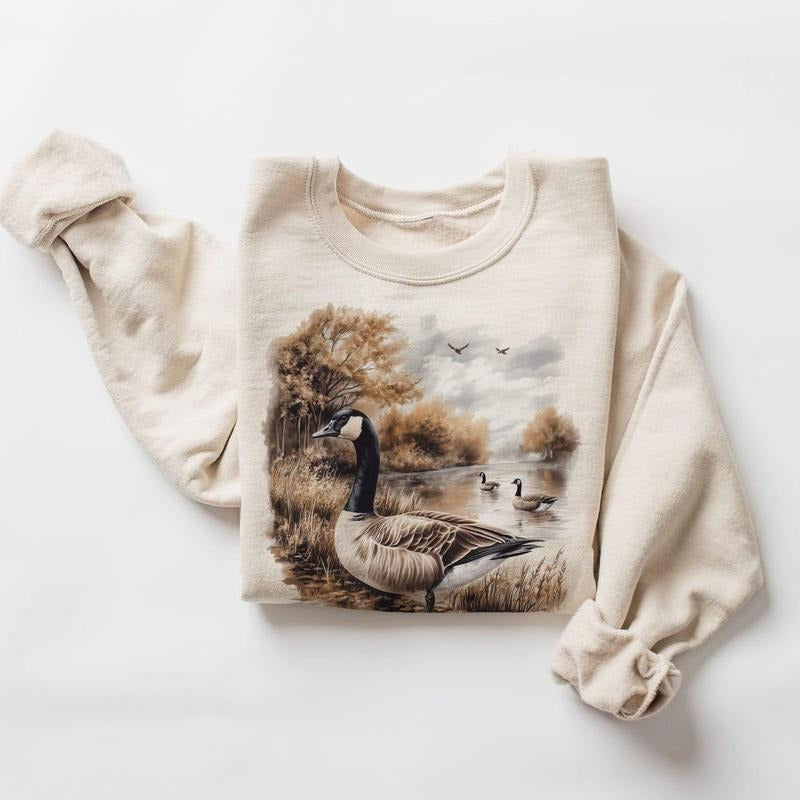 Retro Goose Fall Scene Sweatshirt - 90s Waterfowl Geese Wildlife Nature Pullover Cotton Menswear Day T-Shirts, Hoodie