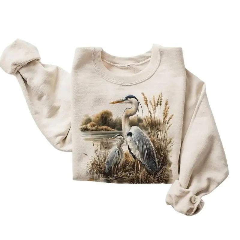 Retro Great Blue Heron Marsh Scene 90s Birding Bird Lover Birds Wildlife Nature Boho Cotton Menswear T-Shirts, Hoodie, Sweatshirt