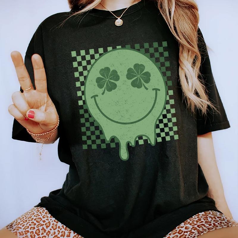 Retro Groovy Smile Face Patrick's Day T-shirt, Lucky Sublimation, Lucky Saint Patty Day Tee For Woman, Sparky Clover...