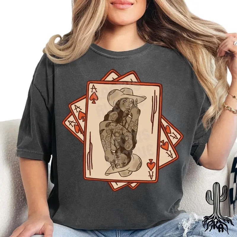 Retro Grunge Cards Cowgirl TShirt, Yallternative Western Graphic Tee Concert Fit Outlaw Emo Womenswear Cotton Vintage...