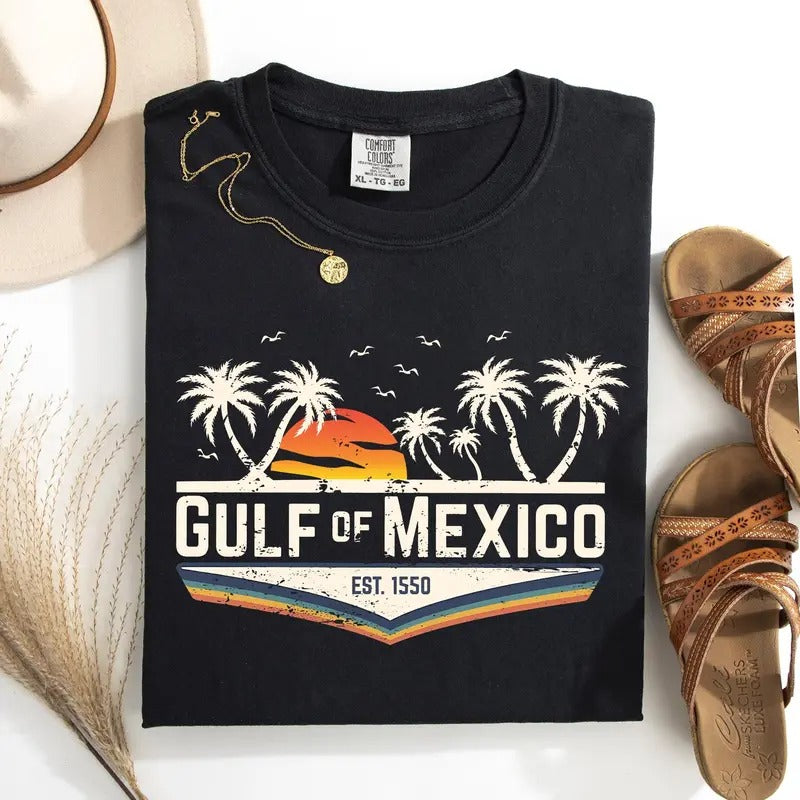 Retro Gulf Of Mexico, Vintage, Established 1550, Birds, Beach, Palm Trees Tshirt, Women's Comfort Colors Tee Hoodie,...