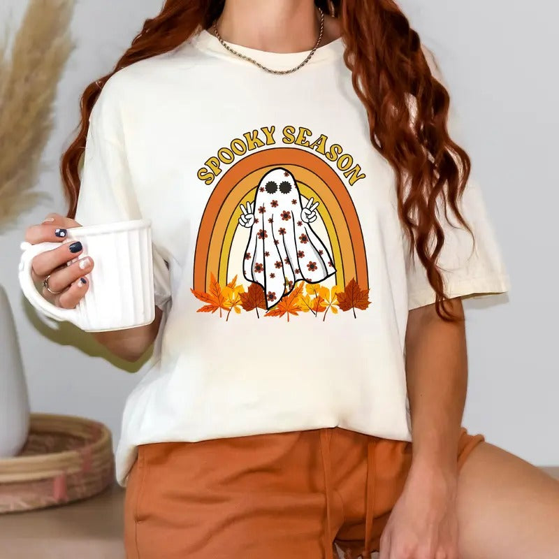 Retro Halloween Shirt, Spooky Season Shirt, Cute Ghost Shirt, Fall Rainbow Shirt, Autumn Shirt, Halloween Women's Shirt,...