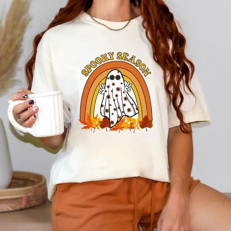 Retro Halloween T-Shirt, Spooky Season Shirt, Cute Ghost Shirt, Fall Rainbow Shirt, Autumn Shirt, Halloween Women's Shirt...