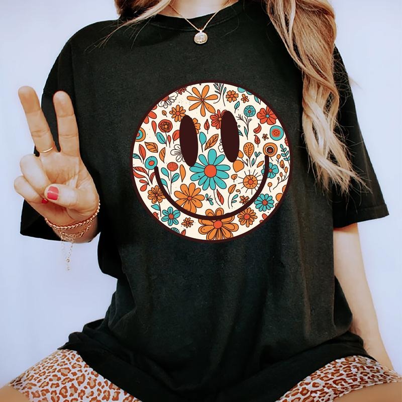 Retro Happy Flowers Smiling Face Shirt, Vintage Floral Happy Face T-shirt, Boho Groovy Flowers Graphic Printed Tee, Cute...