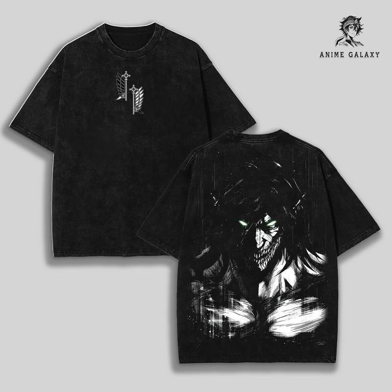 Retro Heavy Eren Yeager x Attack On Titan Ver 2 Anime Double Printed Men's Vintage Tee Washed Unisex Oversize Anime Manga...