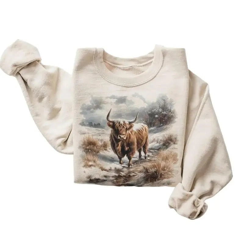 Retro Highland Cow Sweatshirt - Nineties 90s Vintage Scottish Cows In Nature Scene Outfit - Boho Unisex Cotton Menswear...