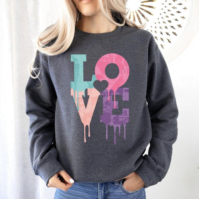 Retro Love Dripping Paint, Sweatshirt, Valentine's Day, Crew Neck, Women's, Crewneck, Valentine's Day, Love, Heart, Cupid...