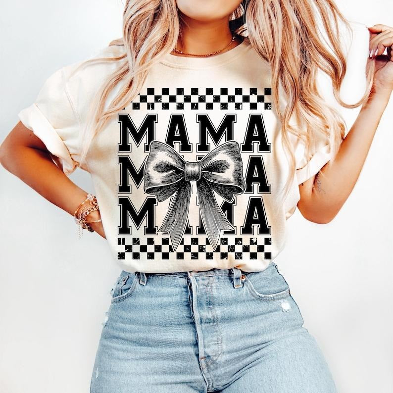 Retro Mama Shirt, Checkered Coquette Bow Mom T-Shirt, Gift For Mom Shirt Hoodie, Sweatshirt | HypeCrazeTee.com