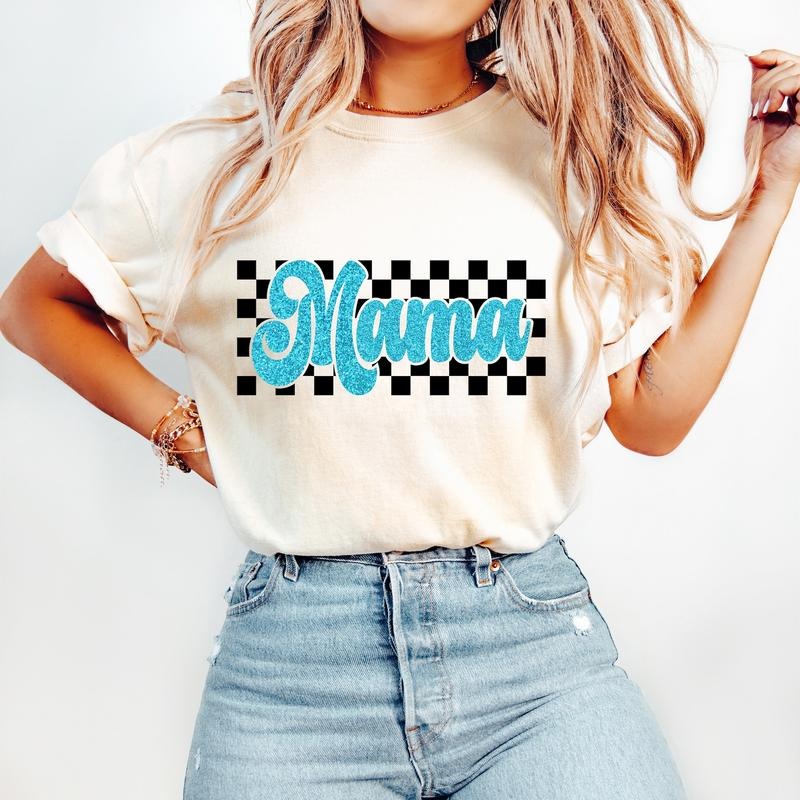 Retro Mama T-Shirt, Blue Mom T-Shirt, Retro Checkered T-Shirt, Trendy Mom Shirt Design Hoodie, Sweatshirt | HypeCrazeTee.com