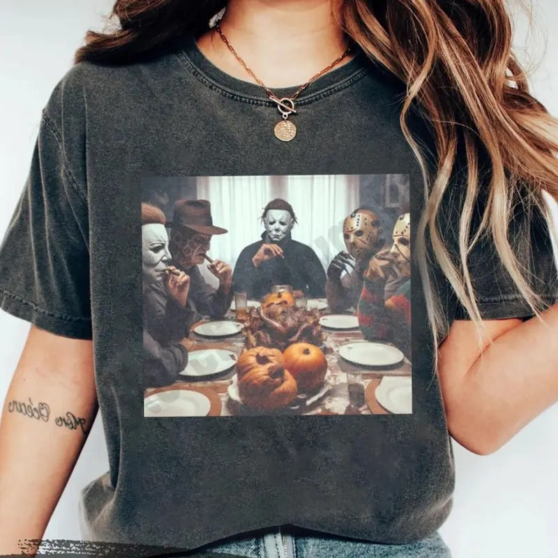 Retro Michael Myers Halloween Heart Hands Shirt, Vintage Horror Characters Shirt, Halloween Friends Shirt, Mystery...
