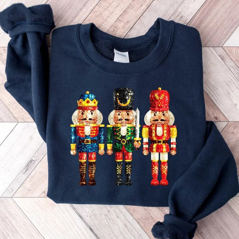 Retro Nutcracker Shirt, Faux Sequin Christmas Shirt, Gift for Her, Nutcracker Hoodies, Womens Cotton Crewneck Christmas...