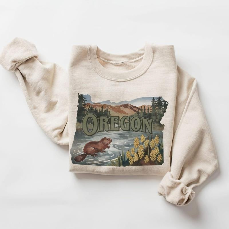 Retro Oregon Animals and State Flowers Sweatshirt - 90s Vintage Cute Beaver Yellow Oregon Grapes - Boho Unisex Crewneck...