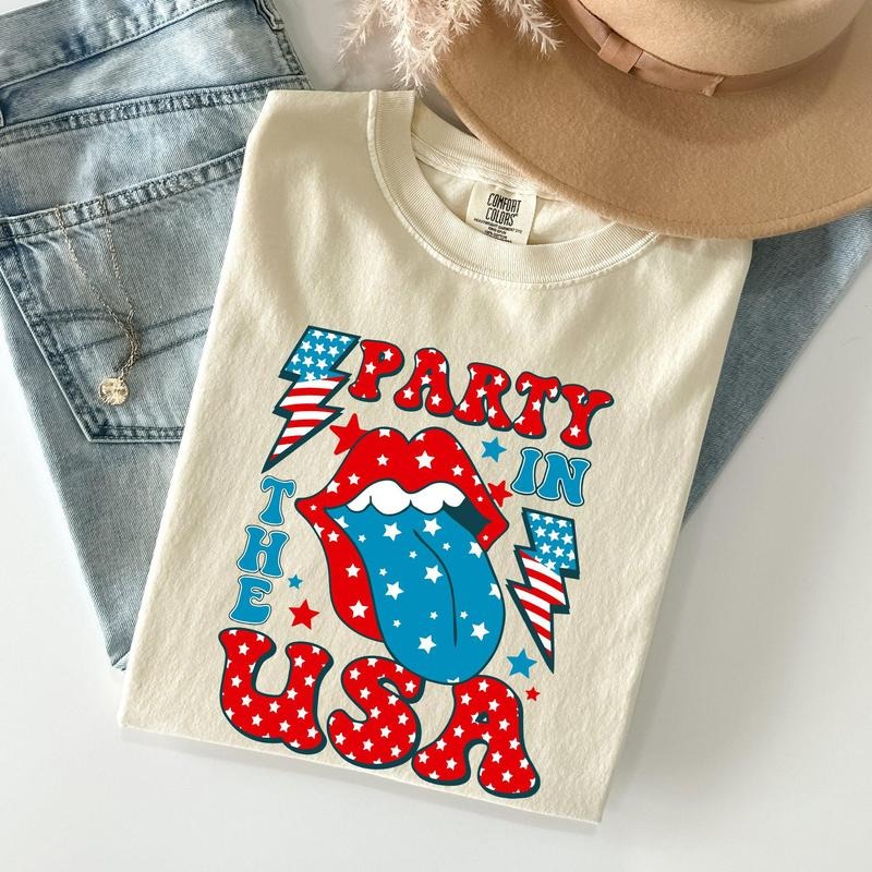 Retro Party In The USA, Tongue, 4th of July Tshirt, Women's Crew Neck, Crewneck Hoodie, Sweatshirt | HypeCrazeTee.com