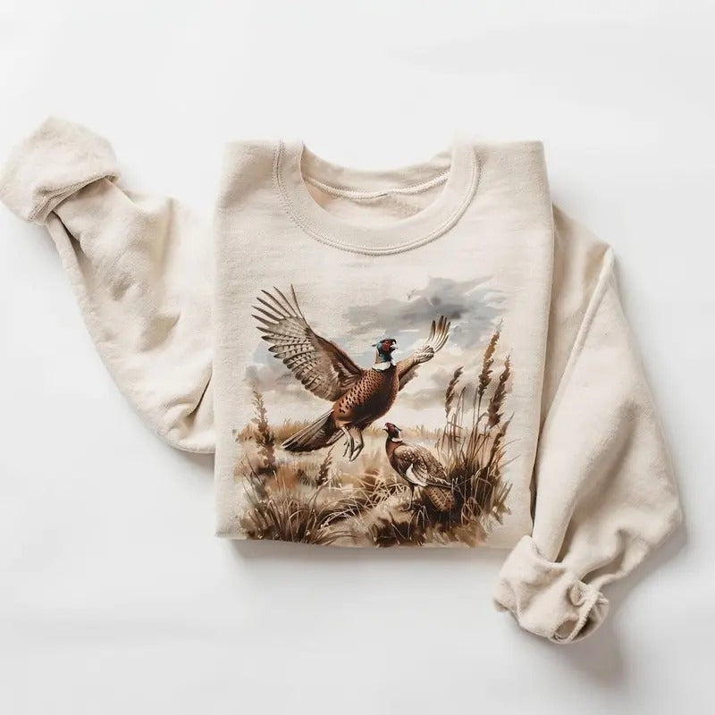 Retro Pheasant Bird Wilderness Scene Sweatshirt - 90's Vintage Game Birds Outfit - Boho Unisex Pullover Cotton Menswear...
