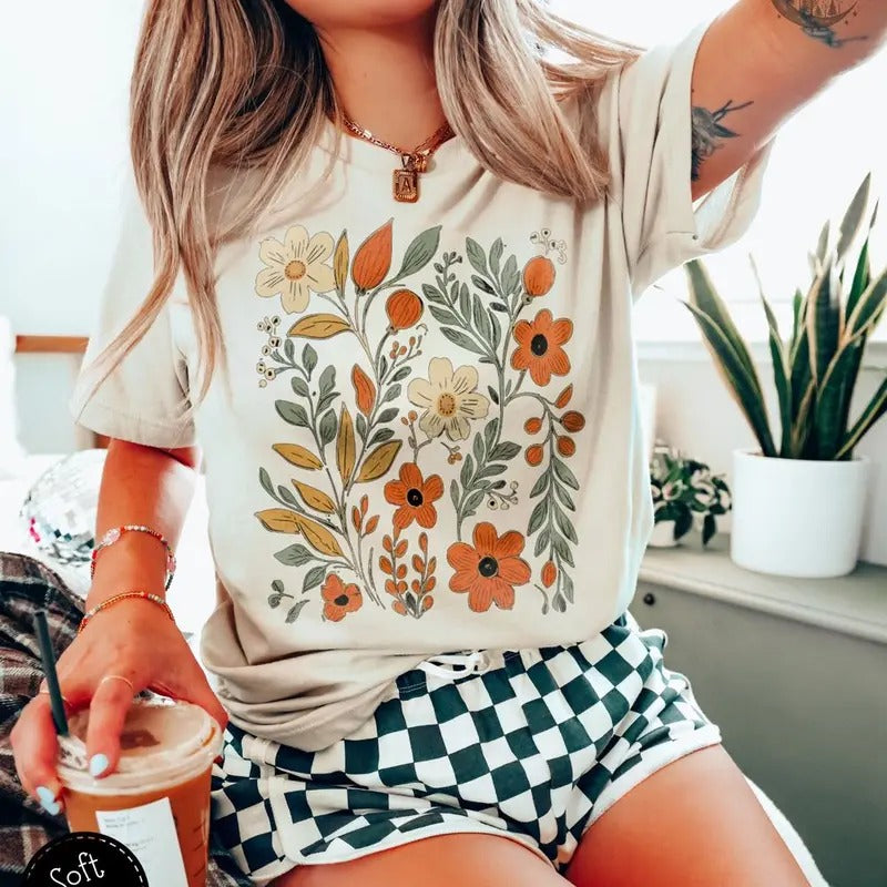 Retro Pressed Wildflower Shirt, Art Nouveau Flower TShirt, Floral Boho Shirt, Vintage Floral T-Shirt, Cottagecore...