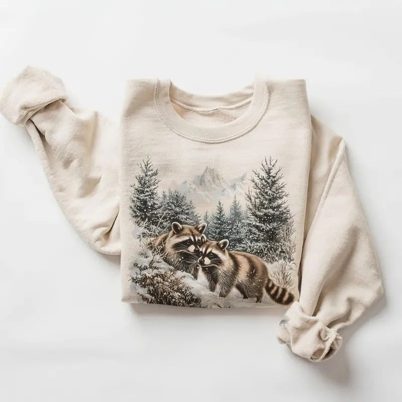 Retro Raccoons Snowy Forest Winter Scene Sweatshirt - Nineties 90s Vintage Cute Animals Hoodie Cotton Pullover T-Shirts