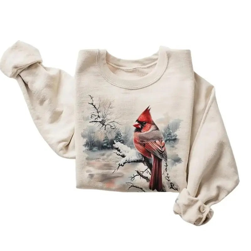 Retro Red Cardinal Winter Scene Sweatshirt - Nineties 90s Birding Bird Watching Outfit - Boho Unisex Hoodie Cotton...